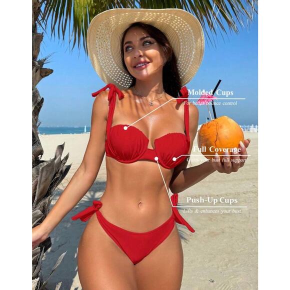 SHEIN Red Swim Summer Beach
Women's Solid Color Pleated Bikini Set - Picture 5 of 5